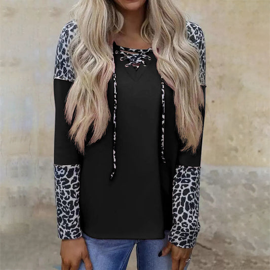 Blusa Suelta de Leopardo con Mangas Largas y Costuras Combinadas - Image 2