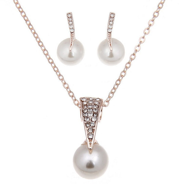 Conjunto de Aretes y Collar de Perlas con Cristales para Novia
