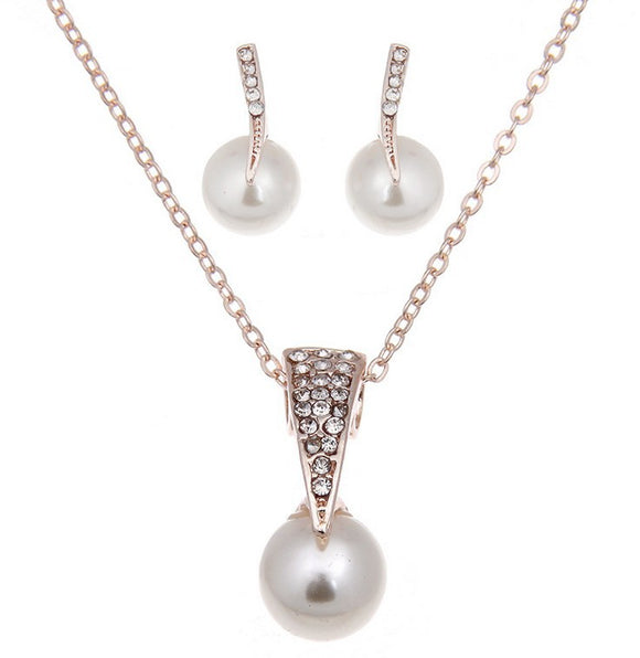Conjunto de Aretes y Collar de Perlas con Cristales para Novia