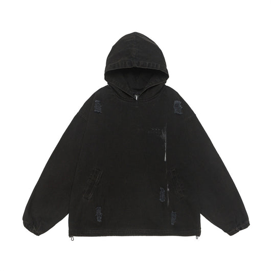 Sudadera Hoodie Denim Desgastada Estilo Punk con Capucha - Image 6