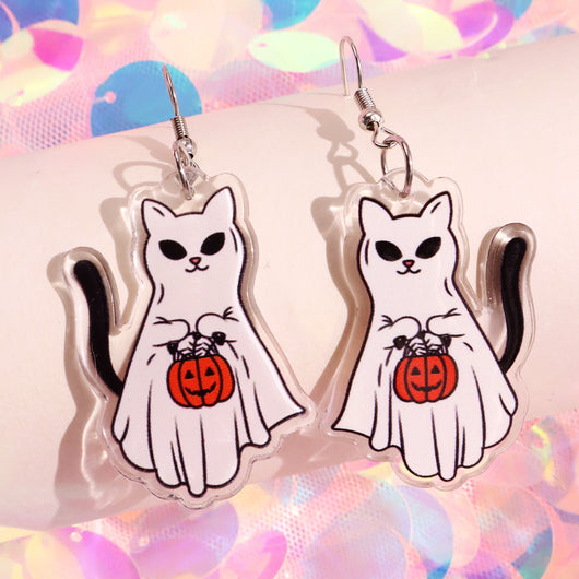 Aretes Acrílicos Halloween Gato Fantasma Calabaza - Diseño Festivo Adorable