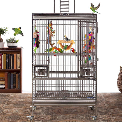 Gray and cream two-tier pet hammock with plush interior, hanging in a wire cage with three small birds. - Image 10