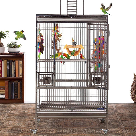 Gray and cream two-tier pet hammock with plush interior, hanging in a wire cage with three small birds. - Image 10