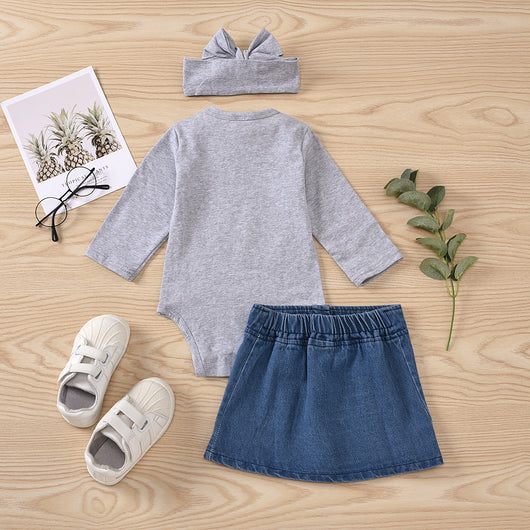 Conjunto de 3 Piezas: Enterizo de Algodón Puro con Falda Denim y Pañoleta - Image 3
