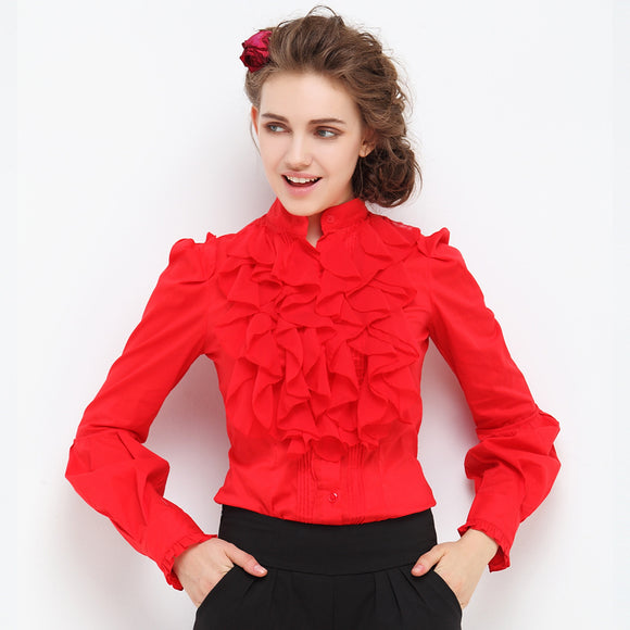 Blusa Ejecutiva con Cuello Volante y Mangas Largas