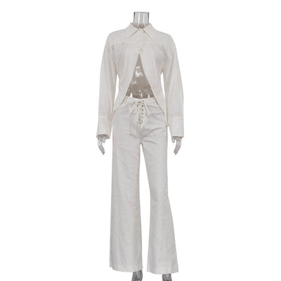 Conjunto Dos Piezas: Blusa Blanca Cropped con Cuello Solapa y Pantalón Ancho Calado con Amarre - Image 6
