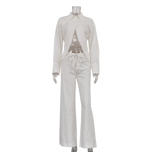 Conjunto Dos Piezas: Blusa Blanca Cropped con Cuello Solapa y Pantalón Ancho Calado con Amarre - Image 6