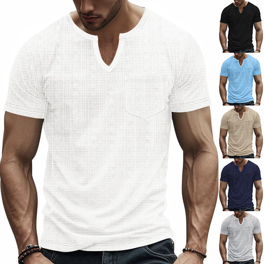 Camiseta Hombre Bambú Lino Artificial Suelta Transpirable Cuello V Manga Corta - Image 12