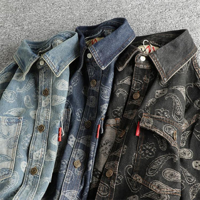 Camisa Denim Retro Lujo Suave con Patrón Paisley - Manga Larga Estilo Americano - Image 13