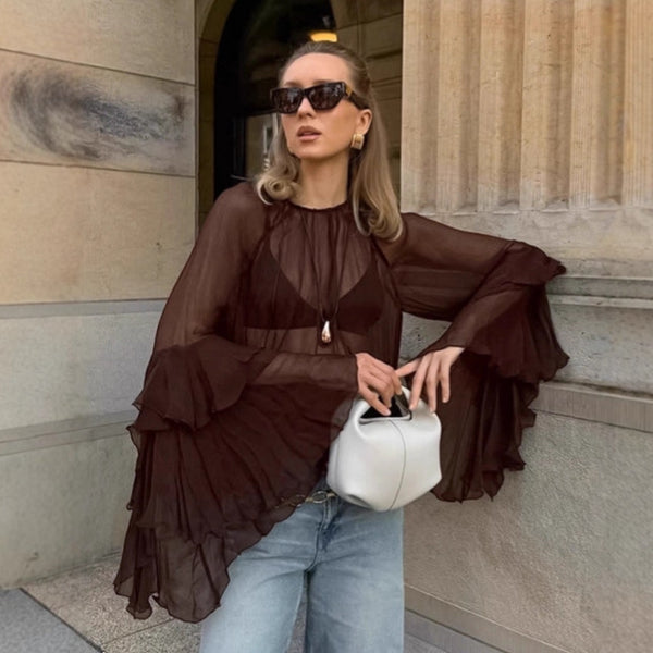 Blusa Semitransparente Suelta Marrón para Mujer