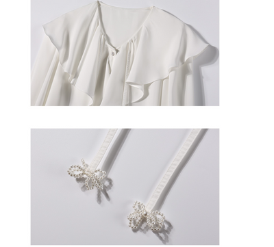 Blusa Blanca para Mujer con Corbata de Perlas y Cuello Hoja de Loto - Image 6