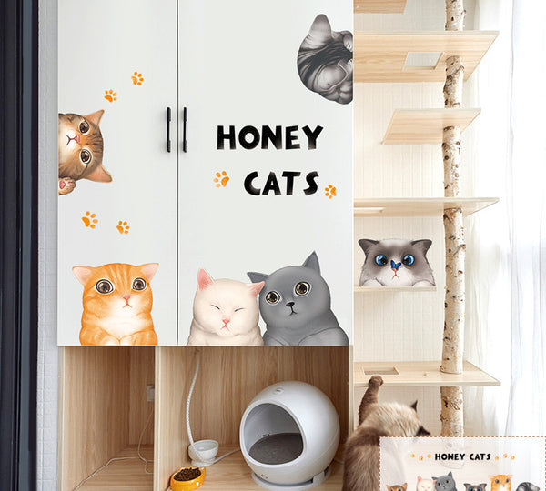 Cartoon cat wall sticker featuring multiple playful cats, one reaching for a fish, with "I LOVE FISH" text.