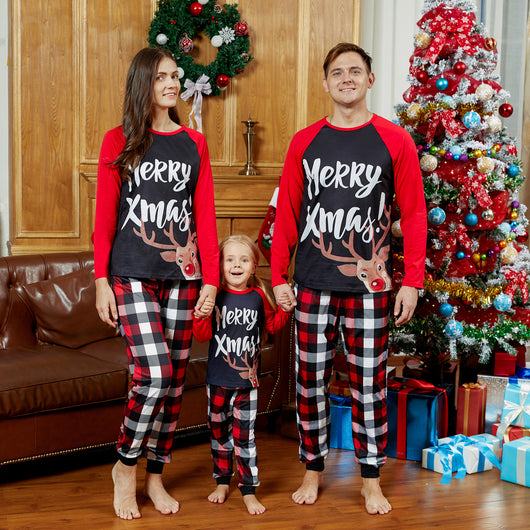 Black and red long-sleeve Christmas top with reindeer and "Merry Xmas!" text, paired with red, black, and white plaid pants. - Image 12