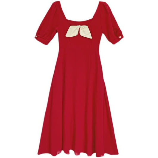 Vestido Retro Francés con Escote Cuadrado y Lazo - Image 5