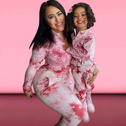 Mother and daughter wearing matching white, green, and blue tie-dye long-sleeved sweater and jogger sets. - Image 8