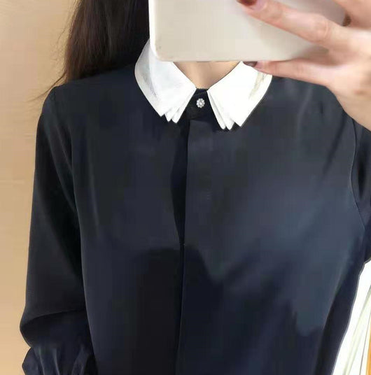 Blusa Elegante de Contraste con Encaje de Malla y Cuello Solapa - Image 3