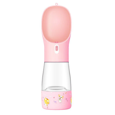 Pink portable pet water bottle with integrated feeder bowl, clear reservoir, and dispensing button for dogs. - Image 36