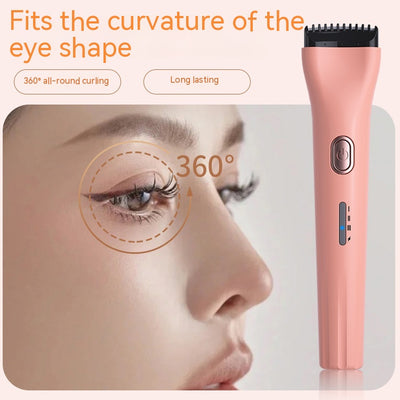 White portable heated eyelash curler with a rose gold power button and blue indicator light. - Image 4