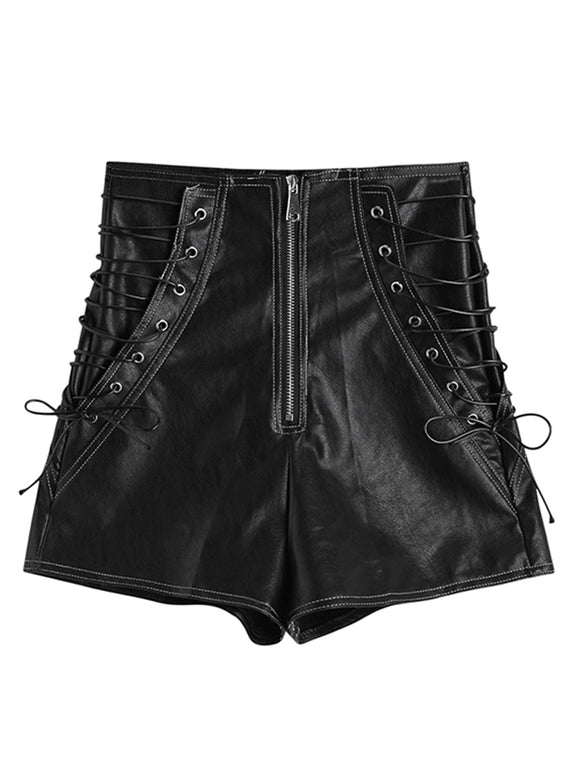 Shorts de Cuero PU Cintura Alta con Cordones Retro