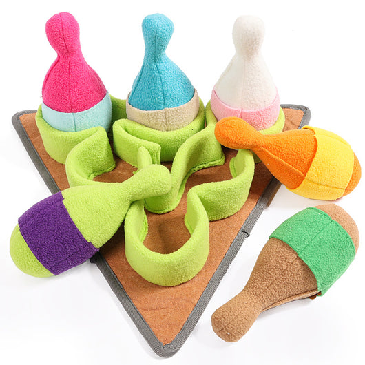 Colorful pet puzzle toy with bowling pin shapes and a chicken drumstick, designed for slow feeding and training. - Image 6
