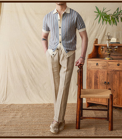 Suéter de Manga Corta con Jacquard Rayado y Costuras Decorativas para Hombre - Image 2