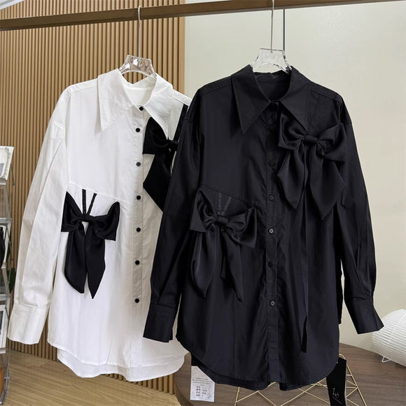 Blusa Elegante con Moño Tridimensional y Manga Larga Estilo Francés