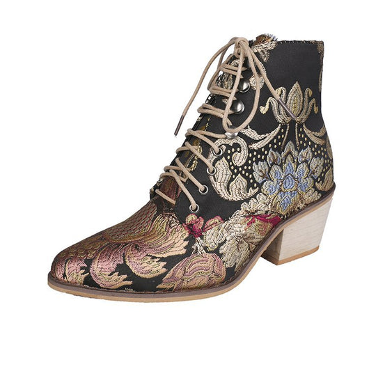 Botas Cortas Étnicas con Tacón Grueso y Bordado de Encaje para Mujer - Image 2