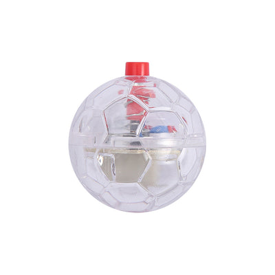 Transparent plastic pet toy ball with an internal bell and red flashing light, packaged on a pink card. - Image 4