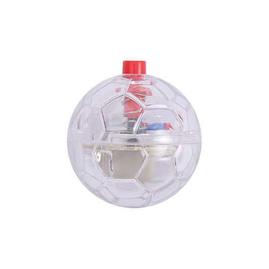 Transparent plastic pet toy ball with an internal bell and red flashing light, packaged on a pink card. - Image 4