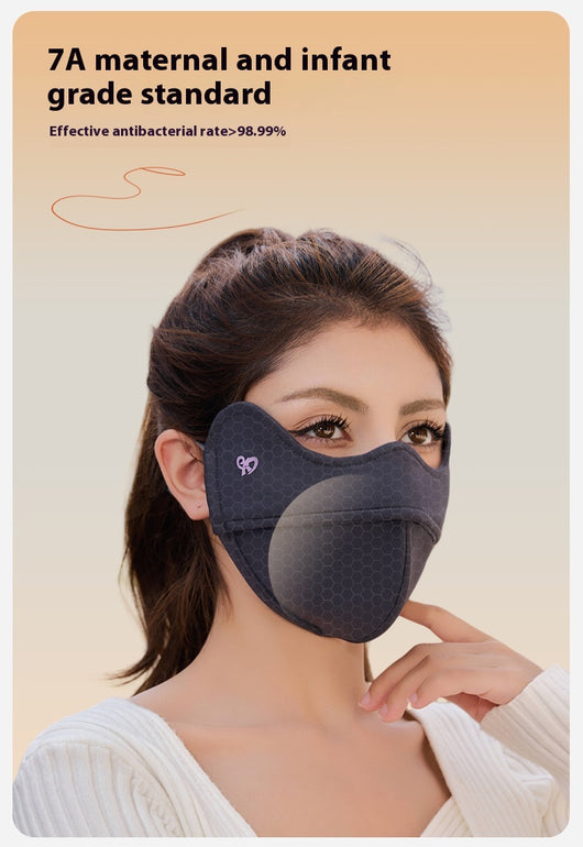 Woman wearing a grey outdoor cycling wind mask with ear hooks and a small heart logo, designed for cold-proof eye protection. - Image 21