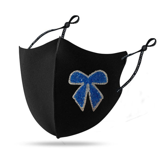 Black cloth face mask with a sparkling red and silver rhinestone bow design and adjustable ear loops. - Image 16