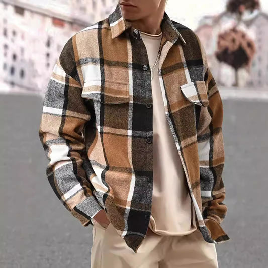 Camisa Franela a Cuadros Slim Fit Manga Larga para Hombre Otoño-Invierno
