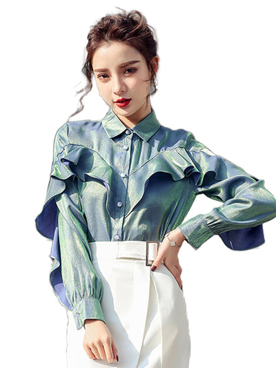 Blusa Retro con Volantes Polarizados de Diseño Exclusivo para Mujer - Image 7