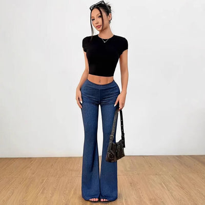 Pantalones Acampanados Denim de Cintura Alta con Estampado para Mujer