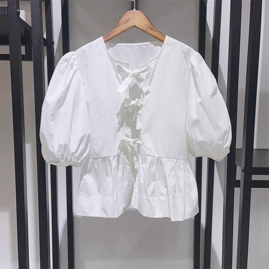 Blusa Femenina Cuello Redondo con Lazo y Mangas Globo - Image 3