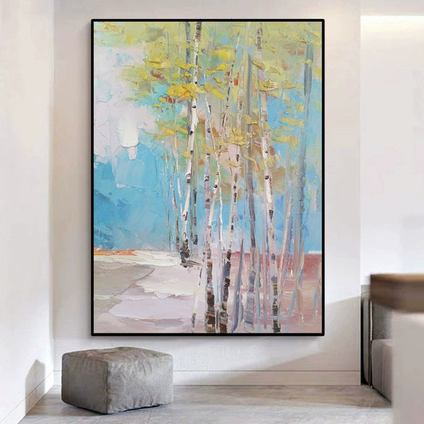 Cuadro Óleo Bosque de Abedules - Pintura Abstracta Moderna para Sala de Estar