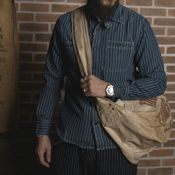 Camisa Vintage de Manga Larga a Rayas con Detalles de Trabajo para Hombre
