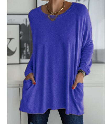 Blusa Suelta de Manga Larga y Cuello Redondo con Bolsillos - Colores Sólidos - Image 10