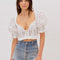 Blusa con Encaje Bordado, Moño y Mangas Abullonadas