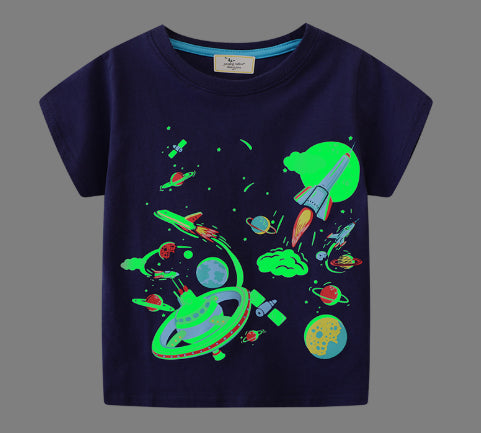 Dark blue short-sleeved children's t-shirt with multiple glowing jellyfish graphics and a yellow neck trim. - Image 11