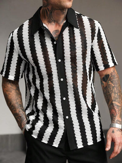 Camisa Manga Corta a Rayas Negras y Blancas con Detalles Calados - Image 11