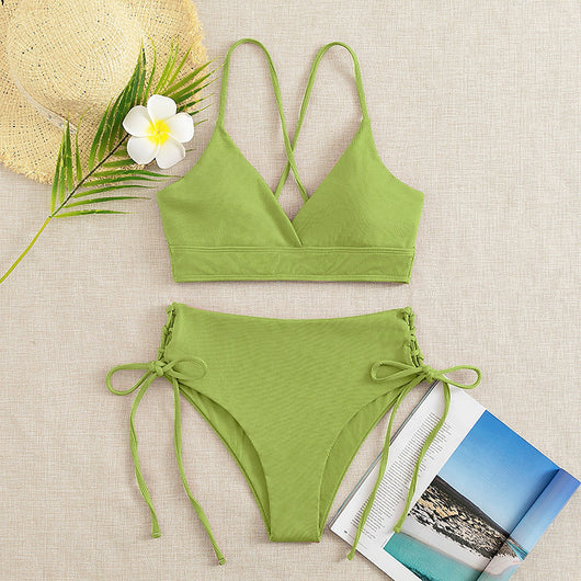 Light green ribbed bikini set with a V-neck bralette top and high-waisted bottoms featuring side tie details. - Image 10