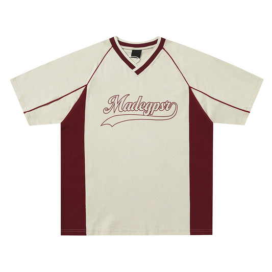 Men's khaki and red color contrast patchwork t-shirt with short raglan sleeves and a V-neck. - Image 2