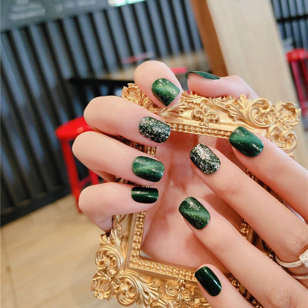 Uñas Postizas Desprendibles con Diamantes Esmeralda - Set de 24 Piezas Acabadas - Image 3