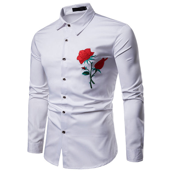 Camisa Manga Larga Estilo Étnico con Bordado de Rosas para Hombre Talla Grande