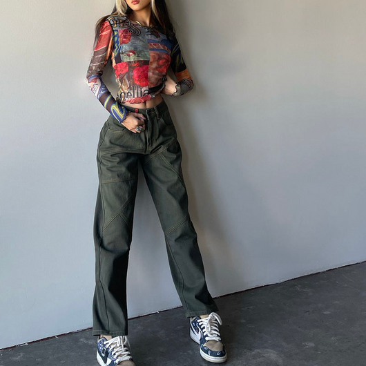 Jeans Verde Oliva Rectos Corte Alto Estilo Urbano