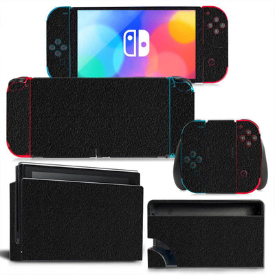 Yellow textured vinyl skin set for Nintendo Switch OLED console, Joy-Cons, and dock, shown disassembled. - Image 2