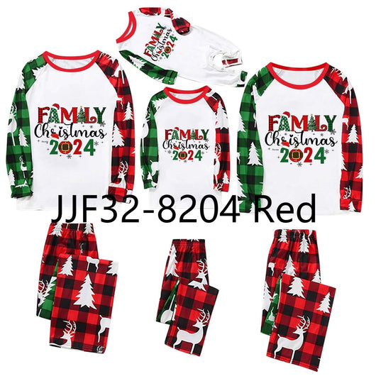 Matching family Christmas pajamas with red and green plaid, deer, and Christmas tree patterns, featuring "FAMILY Christmas 2024" text. - Image 2