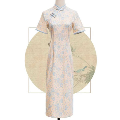 Vestido Cheongsam Disco con Bordado Floral Durazno y Beige - Image 12