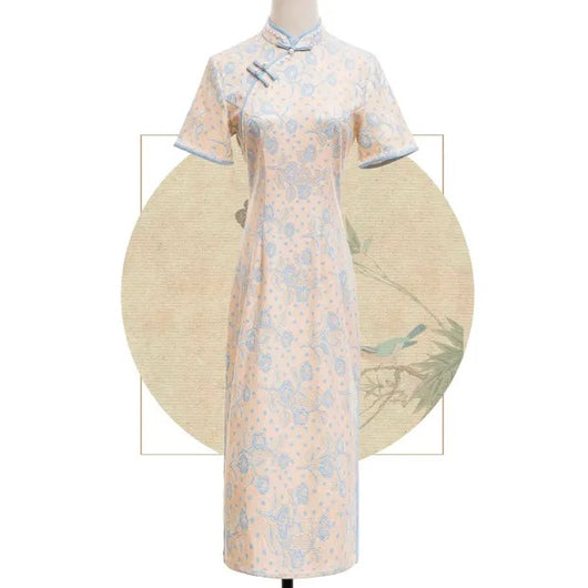 Vestido Cheongsam Disco con Bordado Floral Durazno y Beige - Image 12